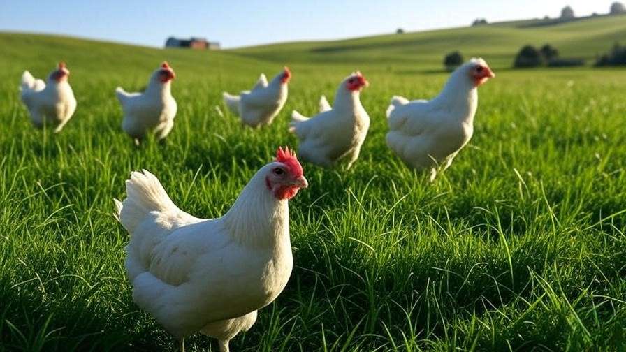 White Rock chickens roaming freely in a sustainable green pasture