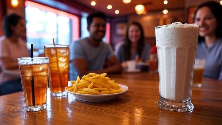 Cozy Steak and Shake happy hour with fries, iced tea, and plant-based shake