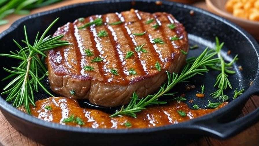 Grilled seitan-based steak with marinade on cast-iron skillet, surrounded by fresh herbs.
