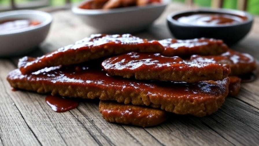 Seitan vegan rib fingers with BBQ sauce on plate
