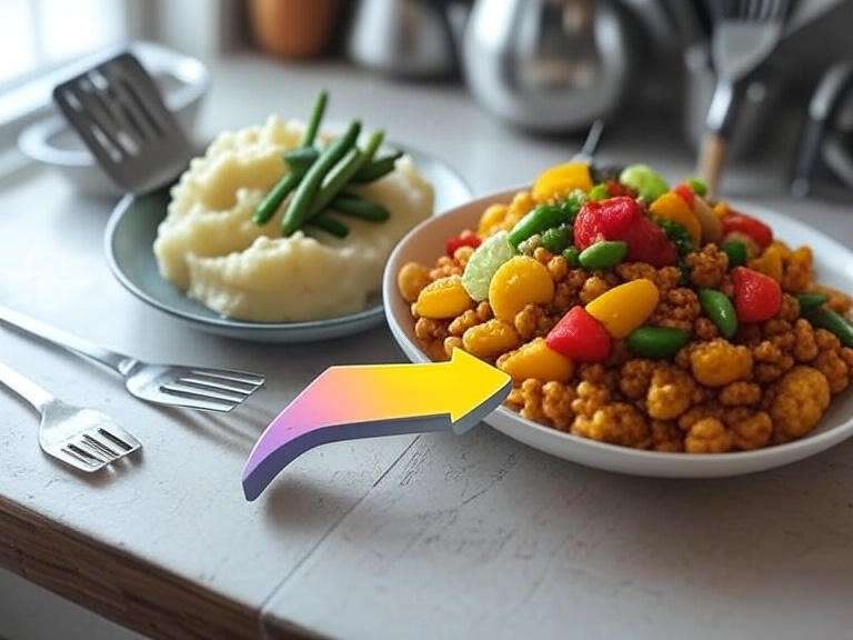 Before and after images of transitioning from flank steak to plant-based proteins.
