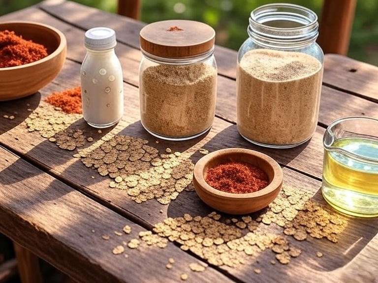 Overhead view of halal-certified pantry staples for making plant-based halal steak at home.