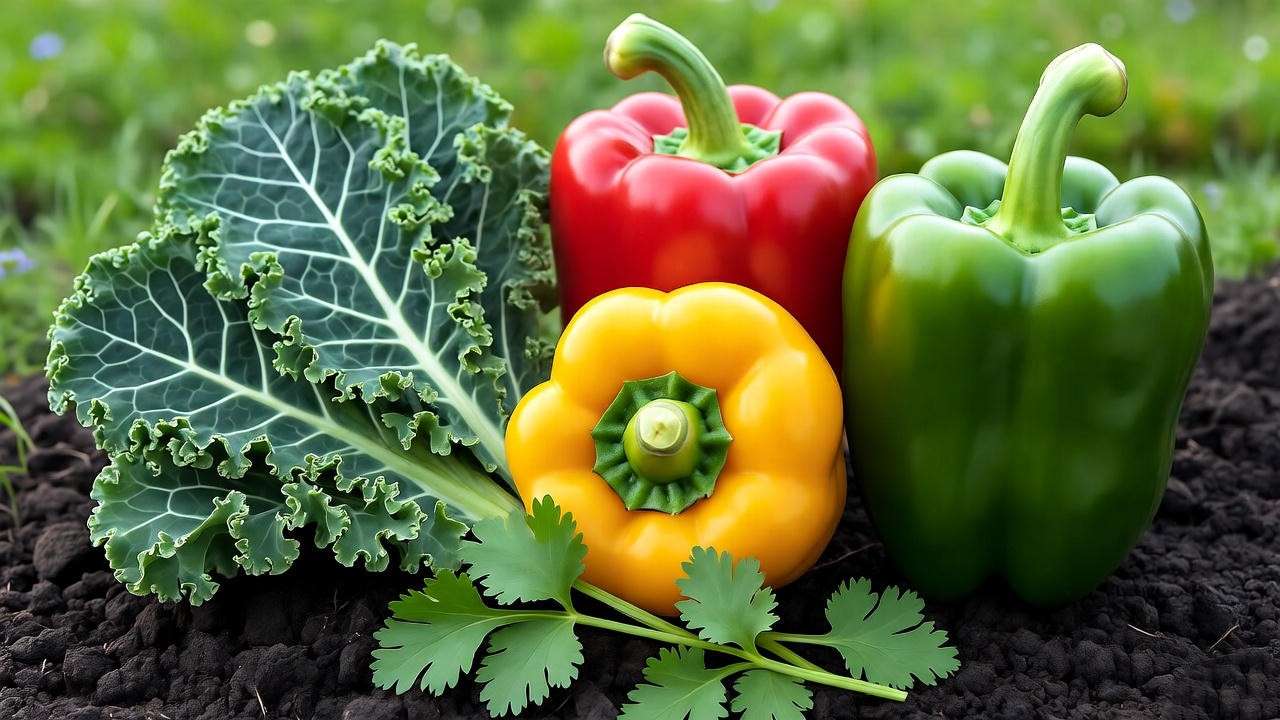 Colorful display of guinea pig-safe vegetables like bell peppers, kale, and cilantro in a lush garden, perfect for pet diet guides.