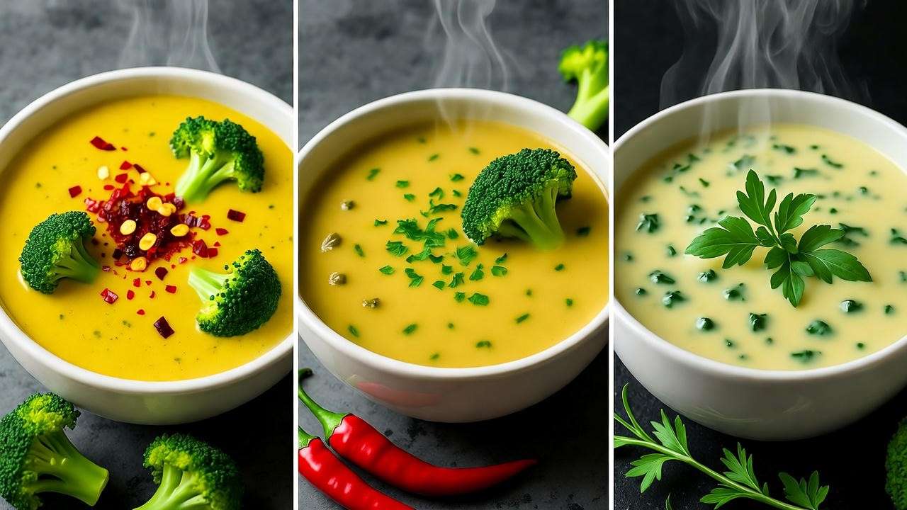 Variations of creamy vegan broccoli cheddar soup with spicy, herbed, and international twists.