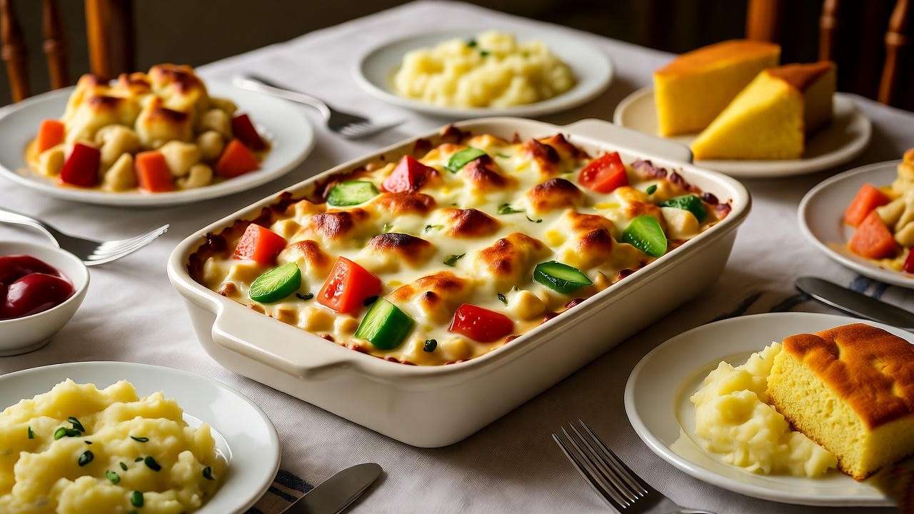 Scaled-up vegan broccoli cheddar chicken for a crowd with sides and servings.