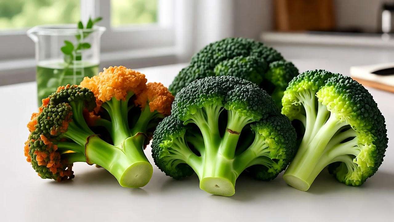Close-up of air-fried, raw, and boiled broccoli on a white surface, showcasing texture differences, with scientific elements like a beaker in a bright kitchen setting.