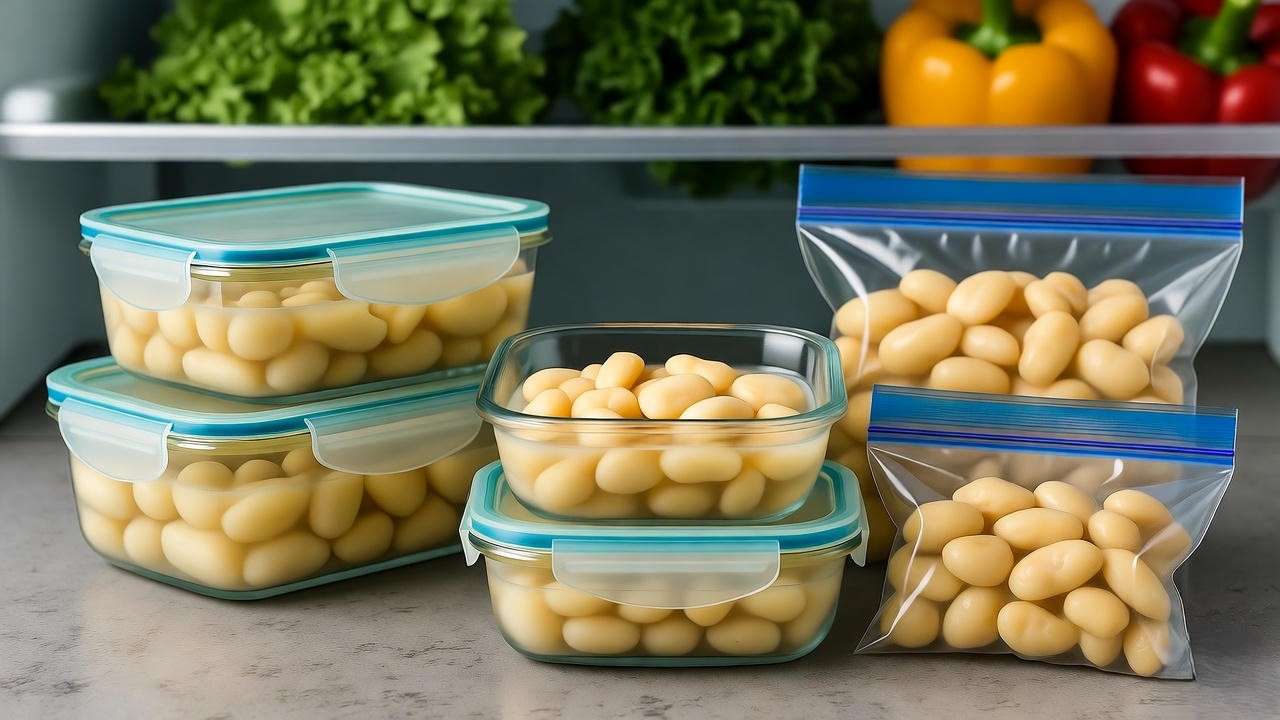 Portion-controlled containers of white bean chicken soup ready for fridge or freezer storage in meal prep for busy plant diet weeks.