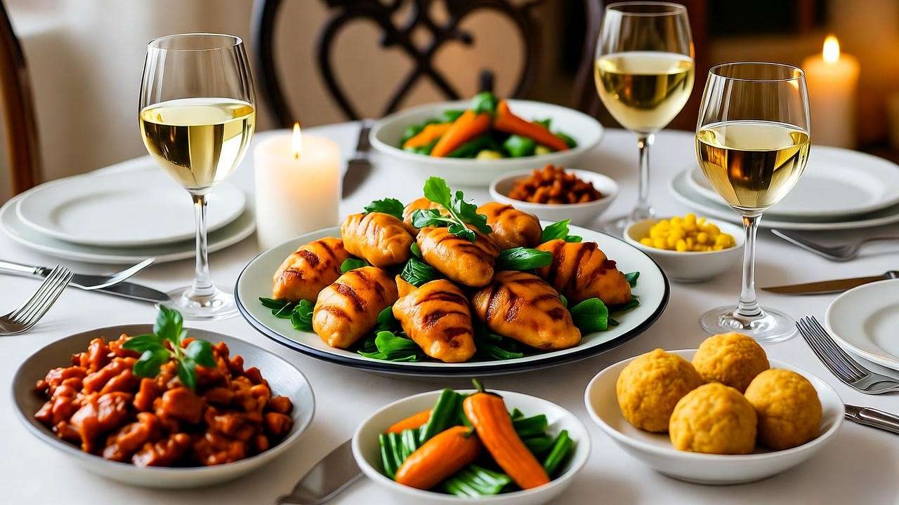 Variety of plant-based chicken dishes with white wine pairings on a Passover table.