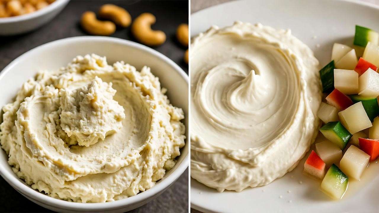 Split-screen of grainy unsoaked cashew spread vs. smooth soaked cashew spread with overprocessed veggies