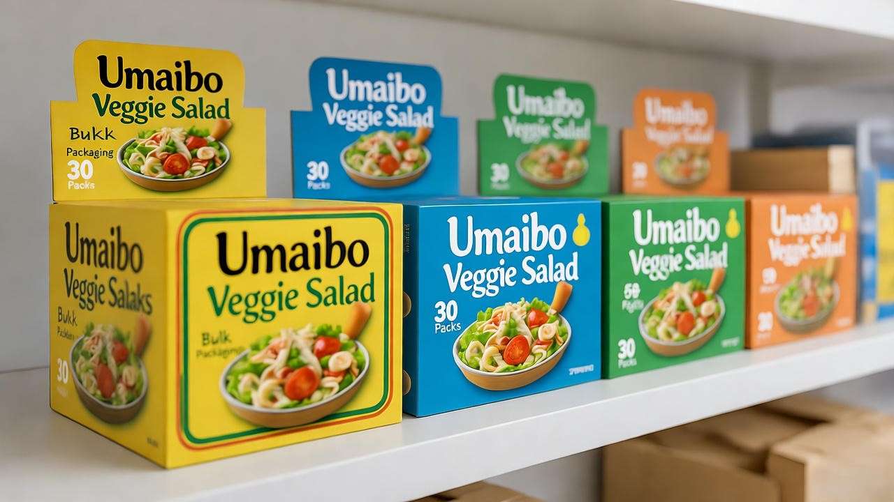Bulk packaging of Umaibo Sticks Veggie Salad stacked on a white surface with a market shelf background.