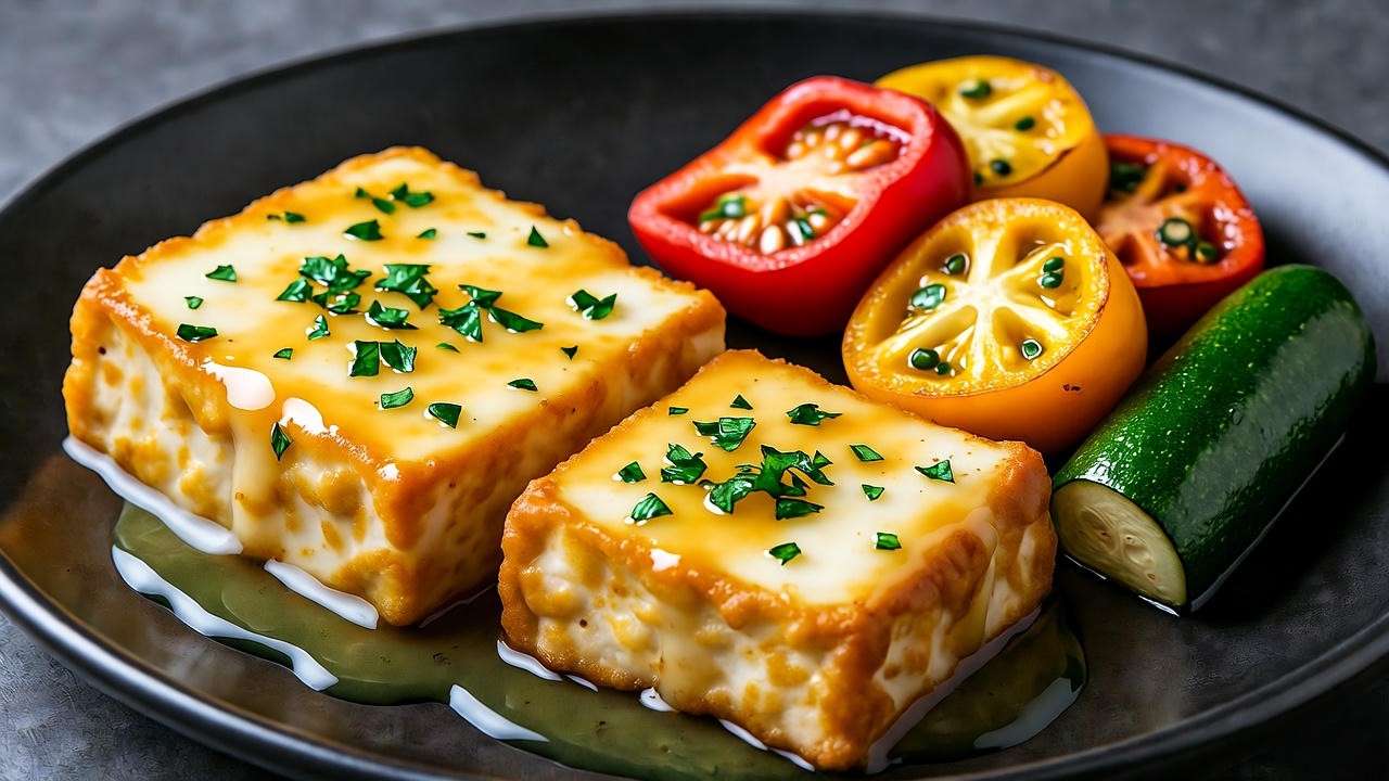 Crispy tofu shrimp in garlic butter sauce with roasted veggies on a black plate.