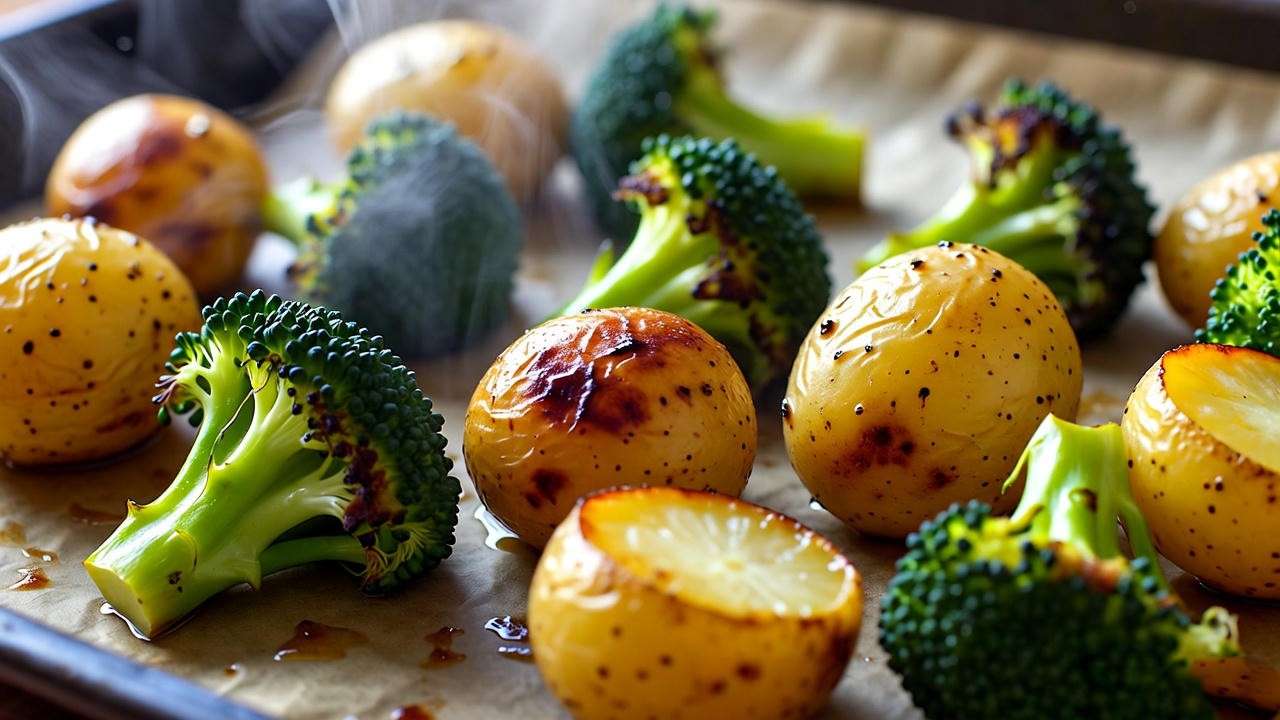 Crispy roasted potatoes and broccoli on baking sheet for easy vegan meal