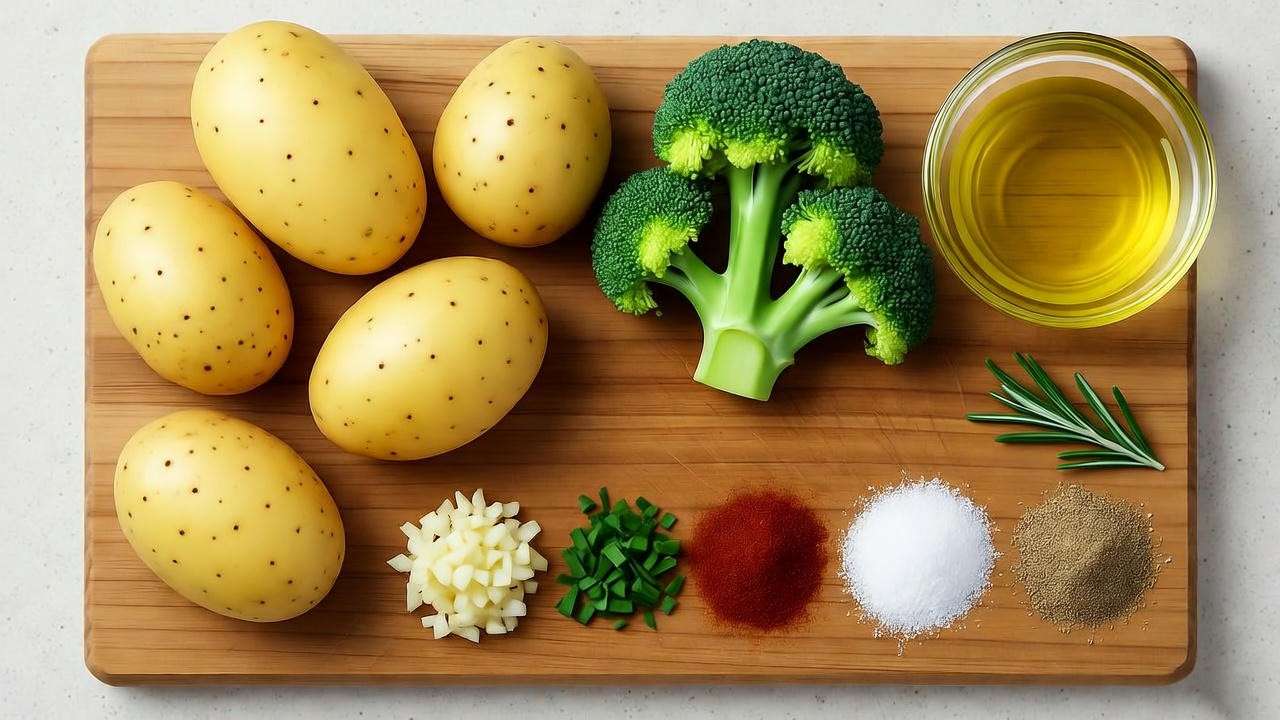 Fresh ingredients for roasted potatoes and broccoli plant-based recipe laid out on cutting board