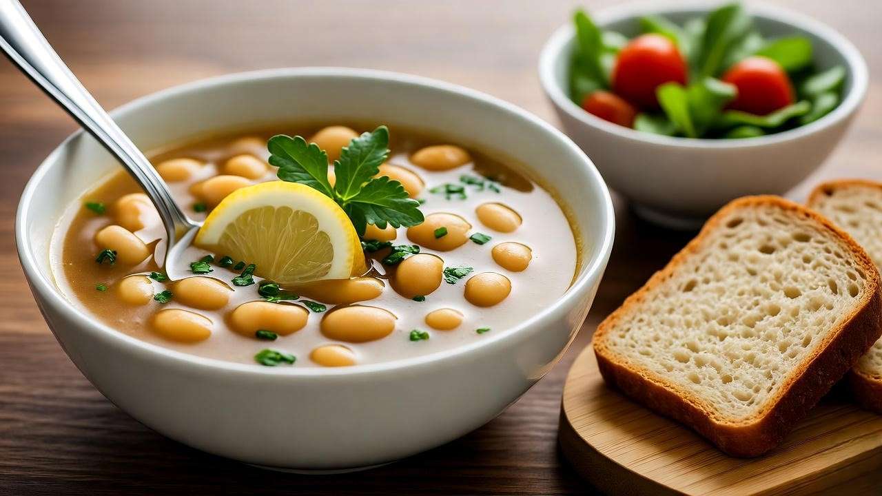 Served bowl of protein-packed white bean chicken soup with sides, perfect for concluding easy plant-boosted weeknight nourishment.