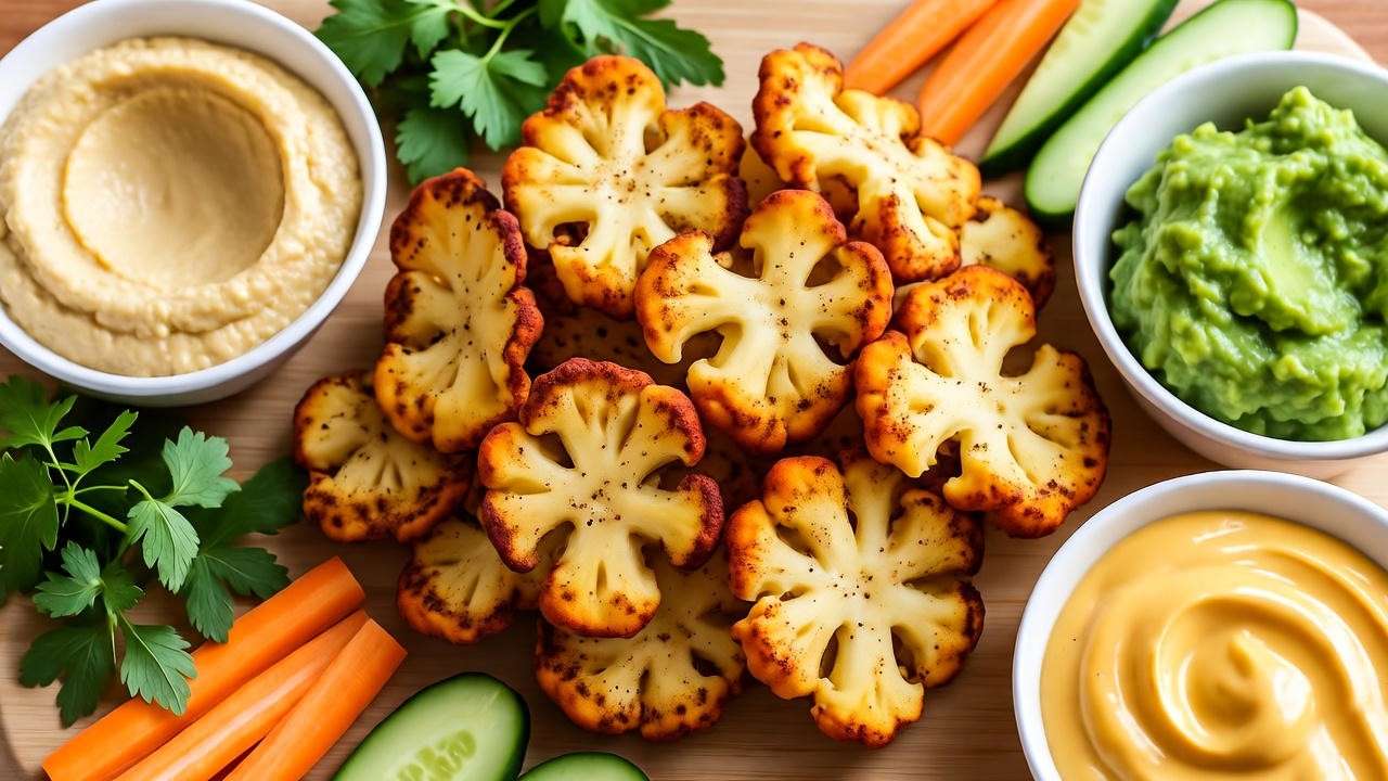 Cauliflower chips served with plant-based dips like hummus and guacamole