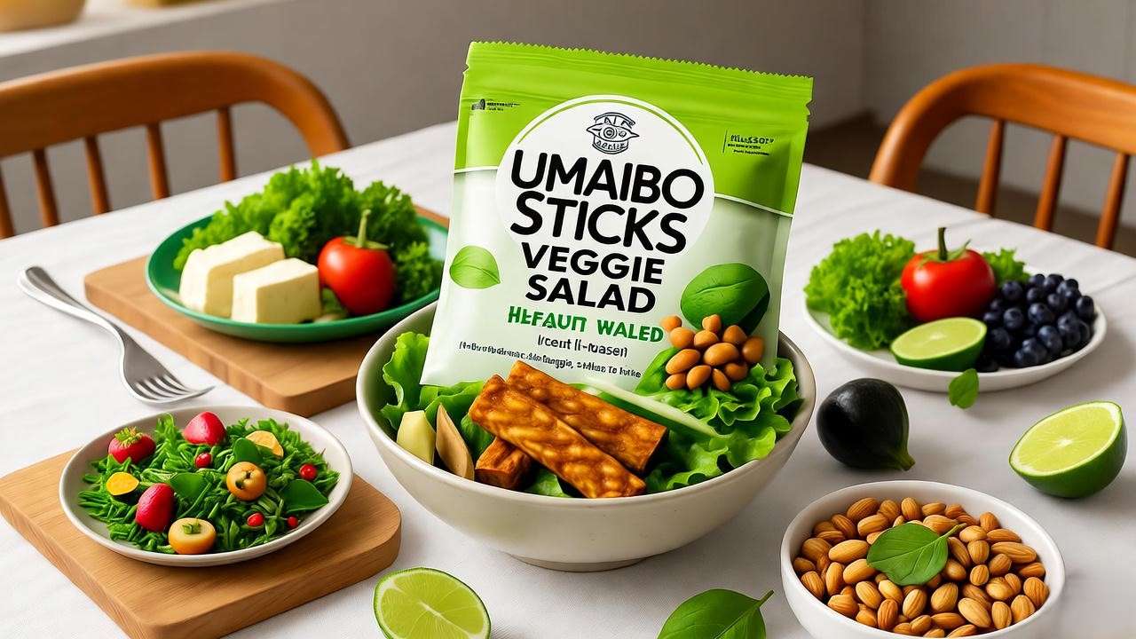 Plant-based recipe with Umaibo Sticks Veggie Salad crusted tofu bites on a modern dining table