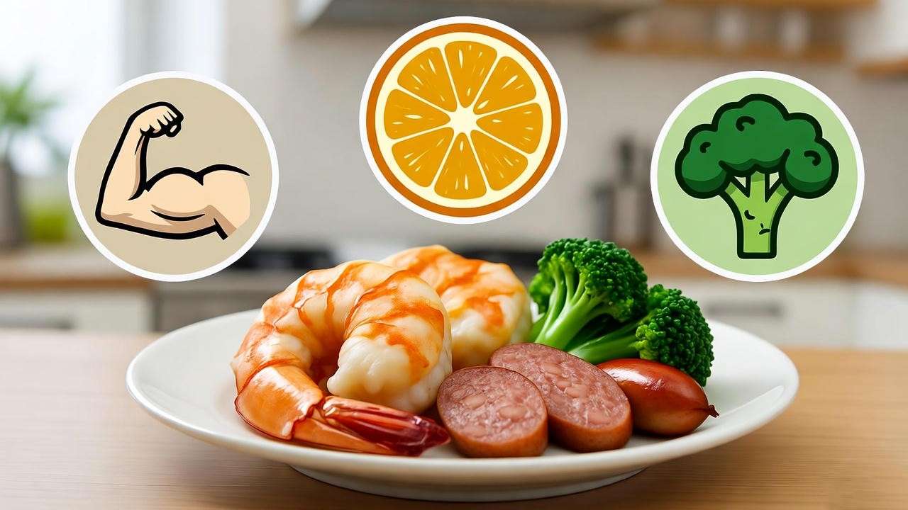 "Infographic of nutritional icons with honey garlic shrimp, sausage, and broccoli plate" 