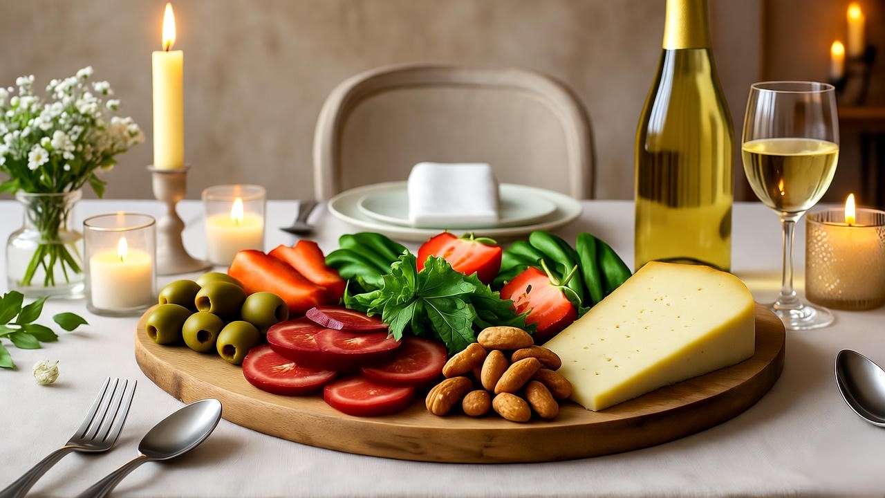 Plant-based charcuterie board with sparkling white wine on a Passover Seder table.