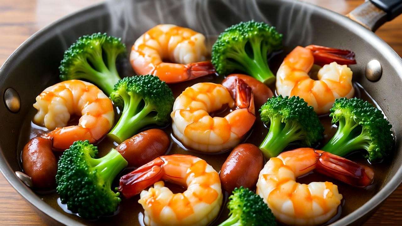 "Close-up of plant-based shrimp and sausage with broccoli in honey garlic glaze sizzling in a skillet"