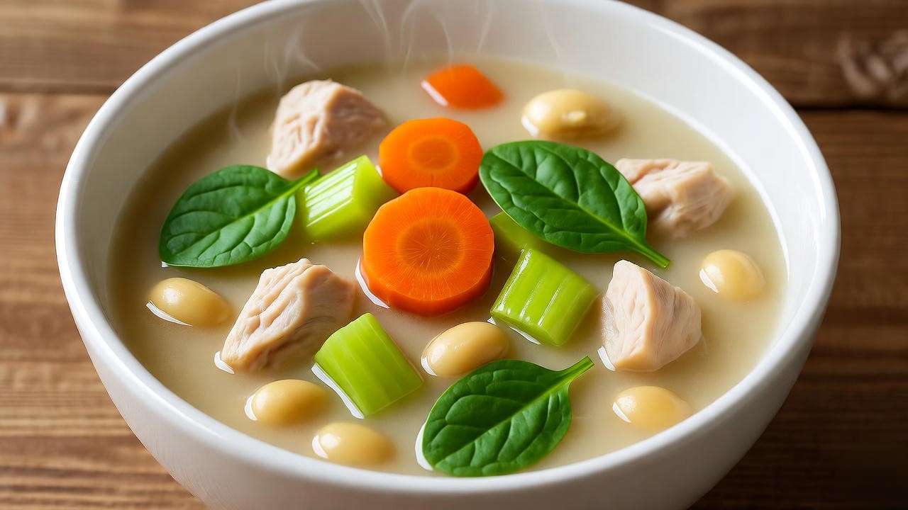 Close-up of hearty white bean chicken soup with chicken, beans, and veggies in broth, highlighting nutritional benefits for plant diets.