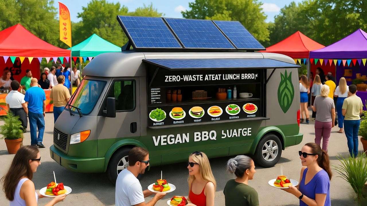 Futuristic zero-waste vegan BBQ truck with solar panels serving lab-grown protein at a festival.