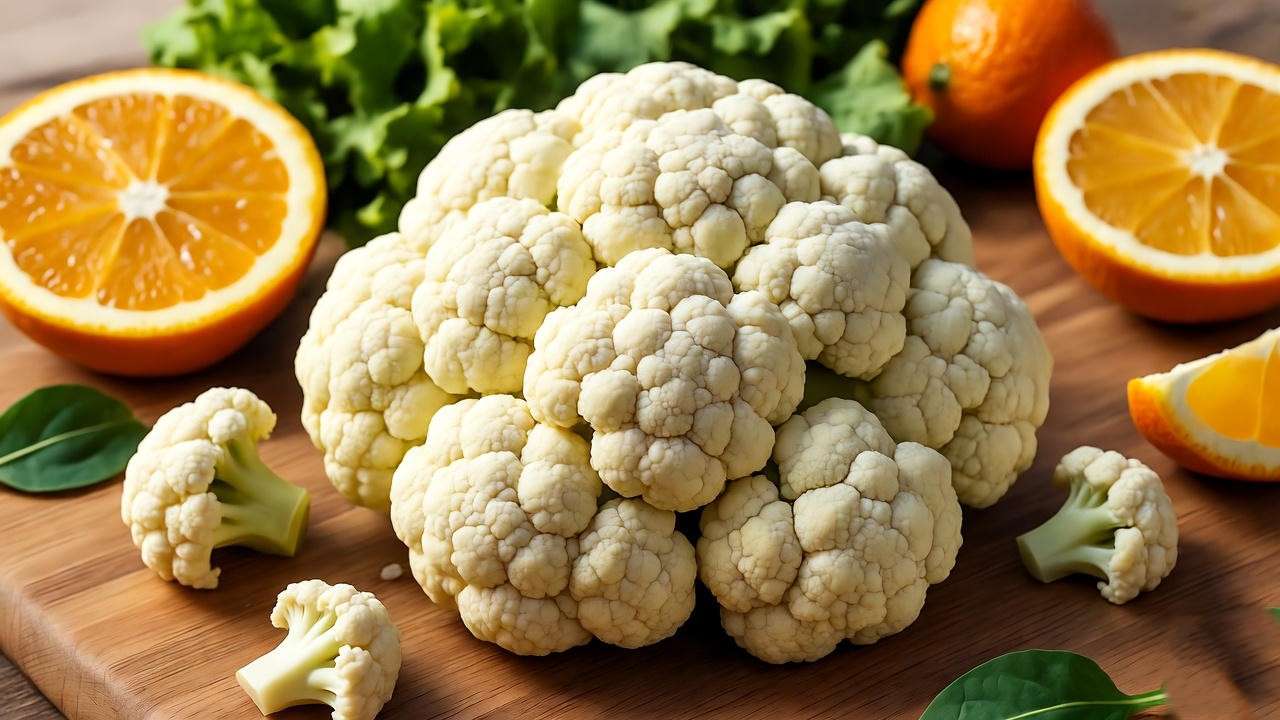 Fresh cauliflower florets with nutritious fruits and veggies illustrating health benefits