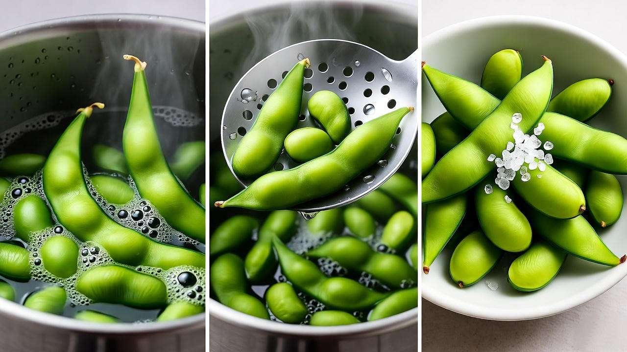 "Step-by-step preparation of fresh edamame with boiling, steaming, and seasoning"