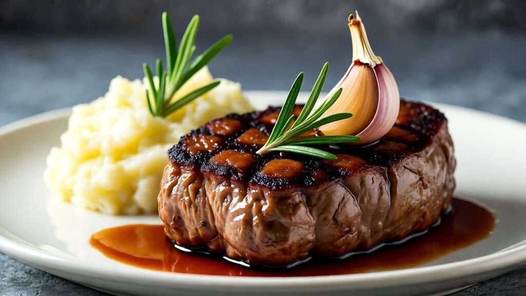 beef steak with mashed potatoes