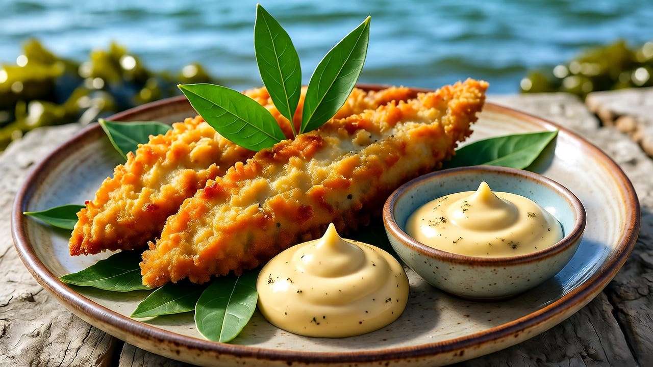 Plant-based King George Whiting fillets with lemon myrtle aioli, inspired by South Australian seafood.