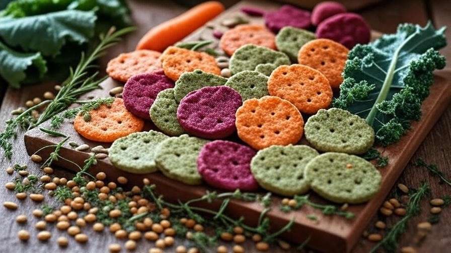 Vibrant veggie crackers made from carrots, beets, and kale on a wooden board with seeds and herbs.