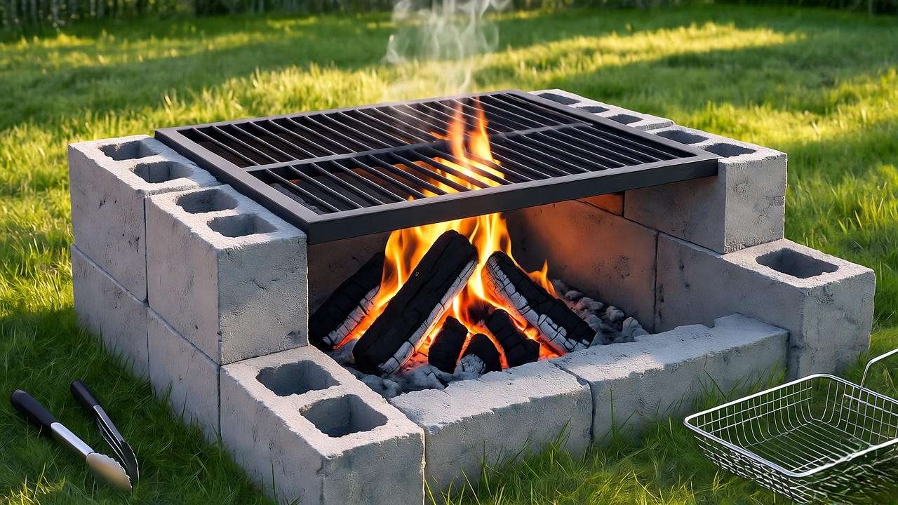 Rustic cinder block BBQ pit with a metal grate and glowing charcoal in a backyard, surrounded by green lawn and grilling tools, lit by golden hour sunlight.