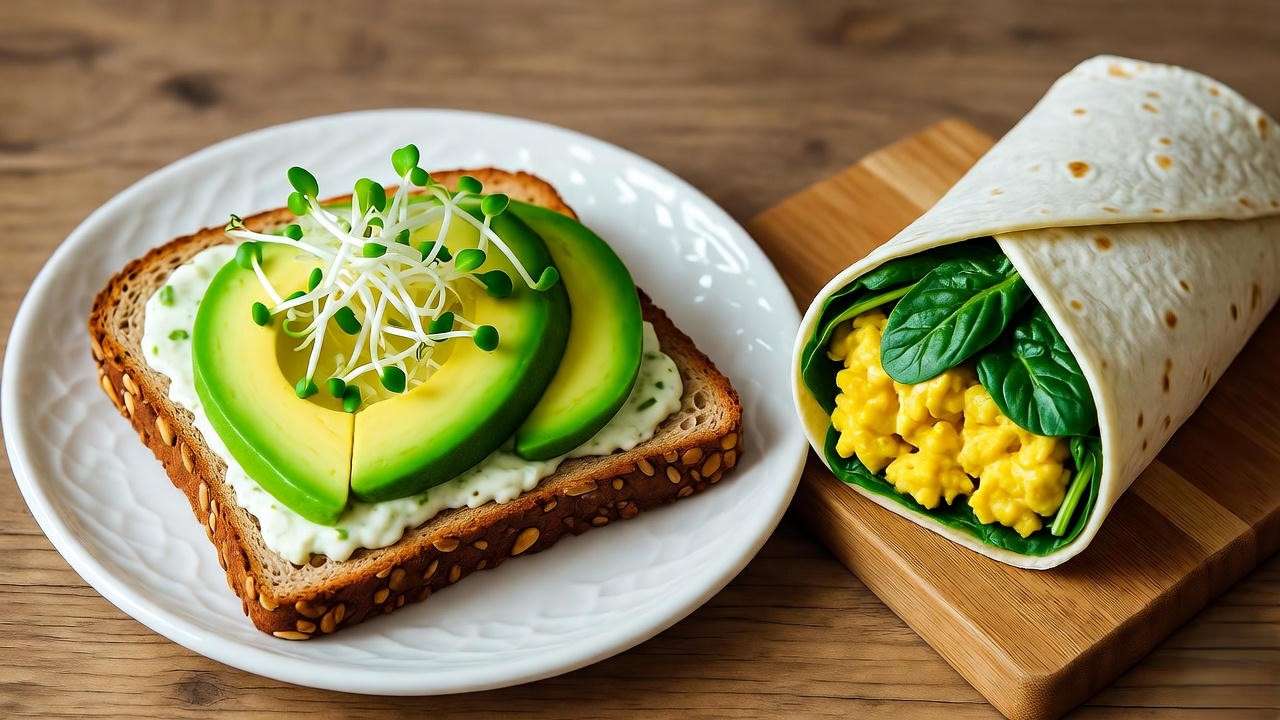 Breakfast spread with toast and avocado topped with garden veggie cream cheese and a wrap with spicy cream cheese and tofu