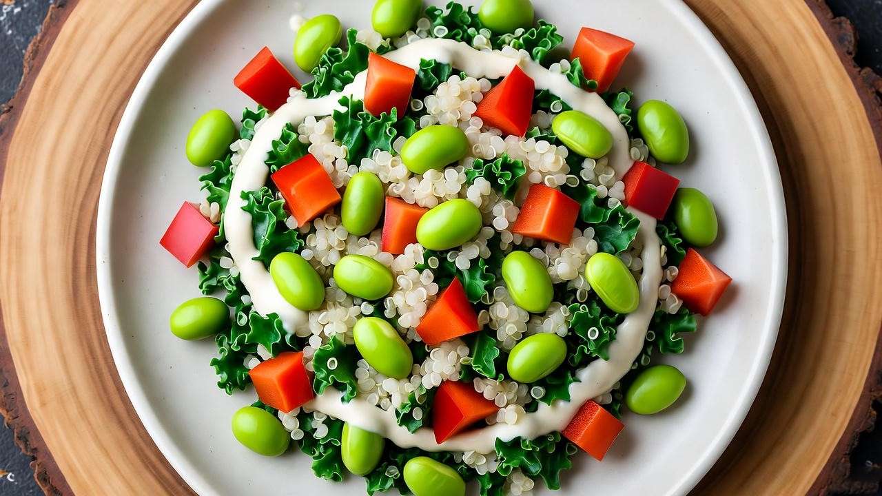 "Plated edamame power salad with quinoa, kale, and tahini dressing"