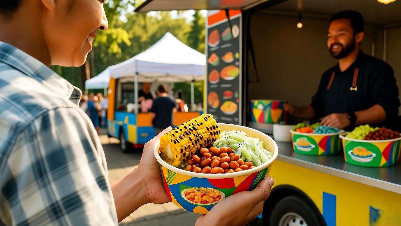 Person engaging with food truck owner holding a vegan BBQ bowl with sides at a sunny market