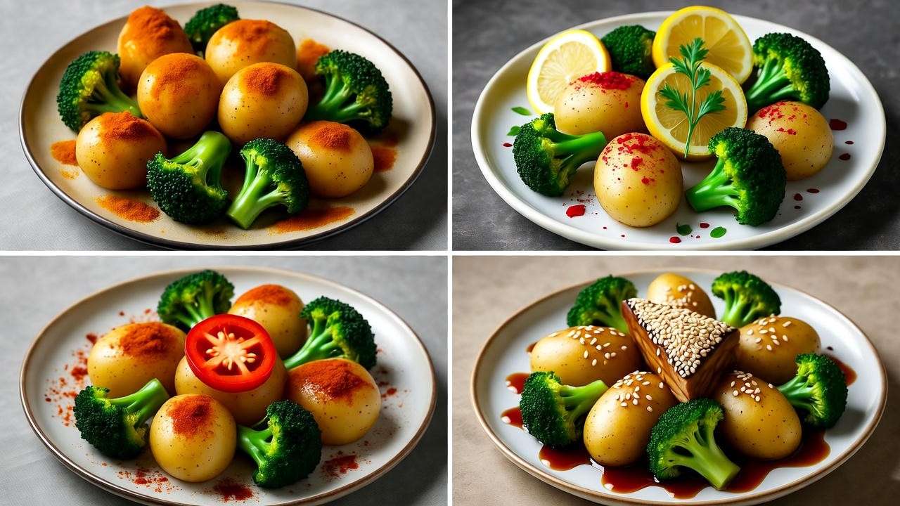 Variations of roasted potatoes and broccoli with global spices for vegan recipes