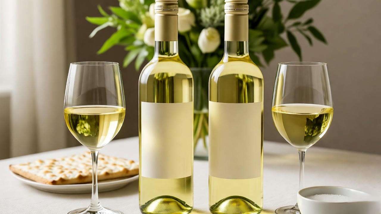 Close-up of kosher white wine bottles and glasses on a Passover Seder table