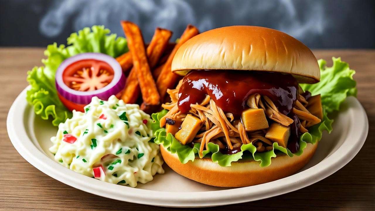 Close-up of a plant-based BBQ plate with jackfruit sandwich, coleslaw, and sweet potato fries.
