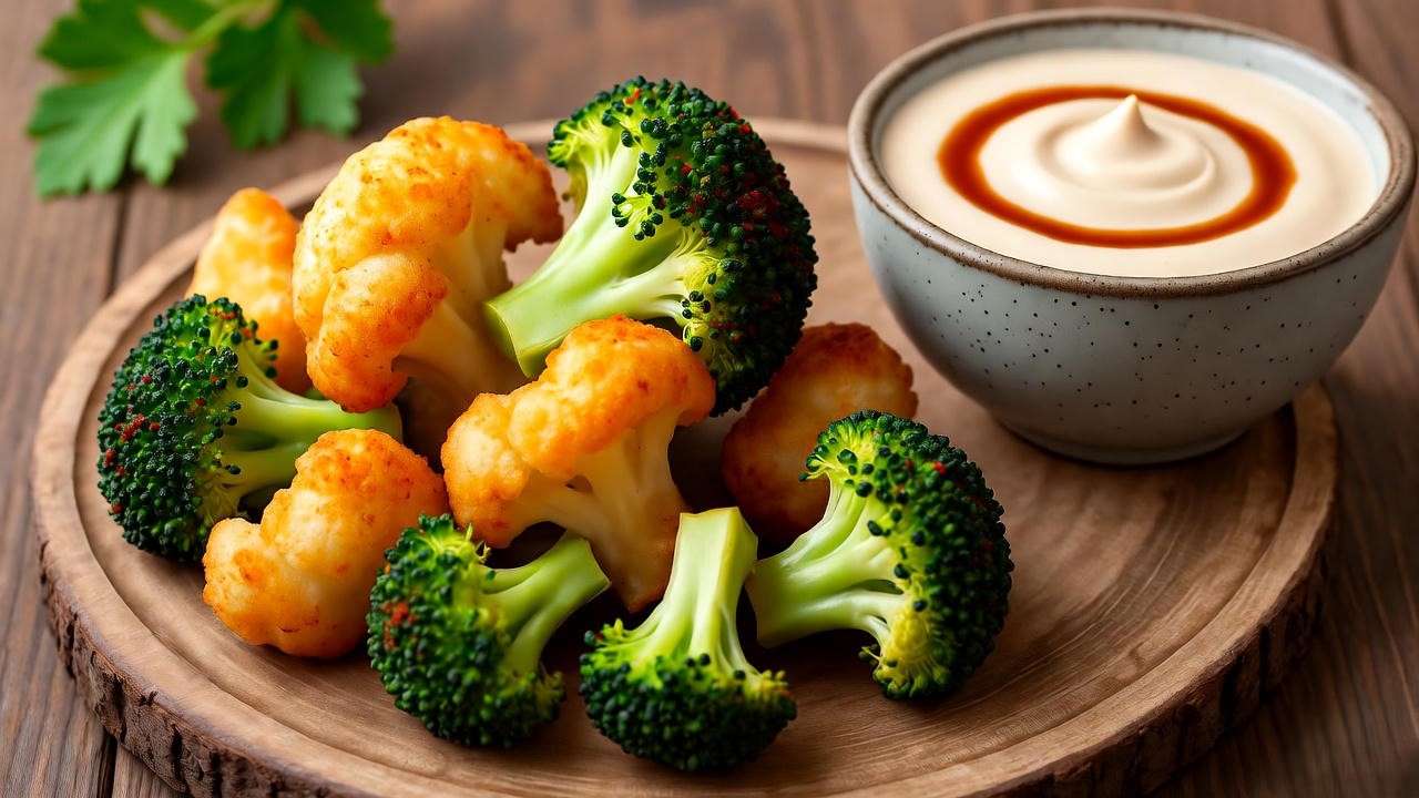 Close-up of golden, crispy air-fried broccoli and cauliflower bites on a wooden board, dusted with spices and paired with a tahini dip, in a cozy plant-based kitchen setting.