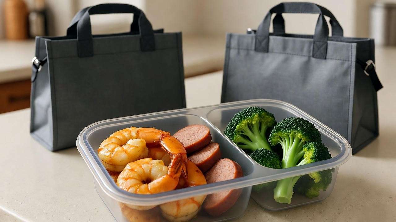  "Meal prep container with honey garlic shrimp, sausage, and broccoli on a kitchen counter"