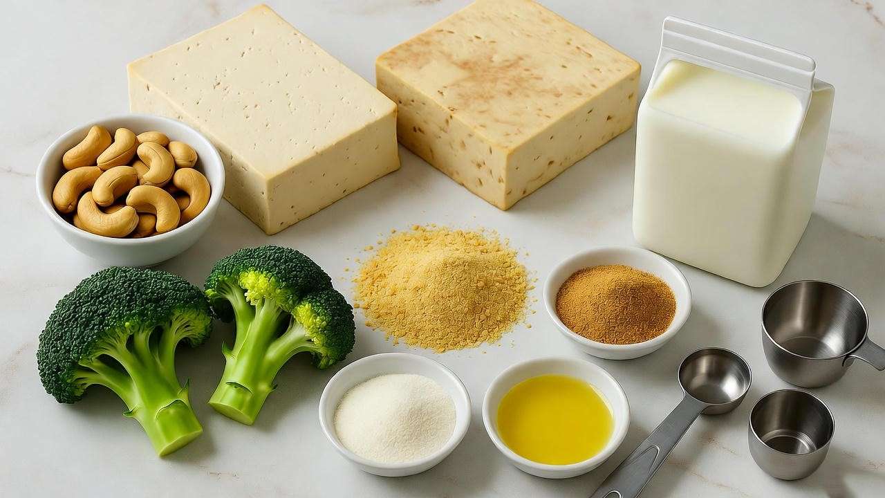 Vegan ingredients for broccoli cheddar chicken recipe including tofu, cashews, and broccoli.