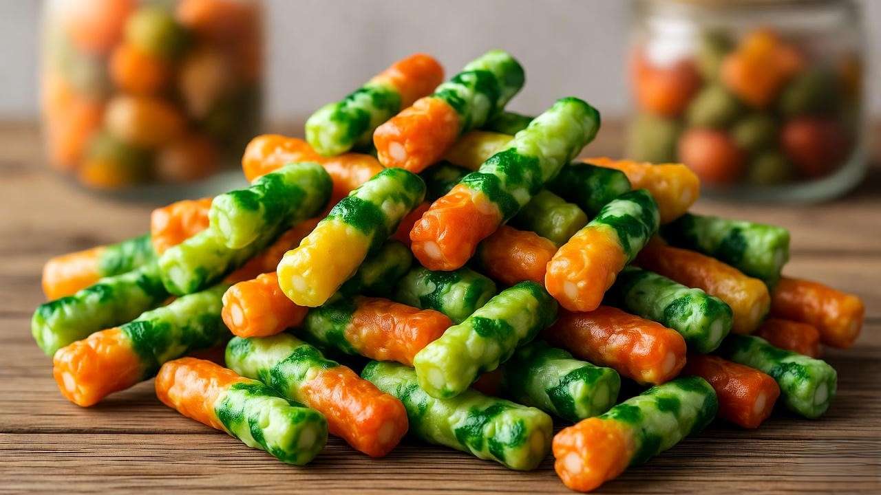 Close-up of Umaibo Sticks Veggie Salad with vibrant veggie colors on a wooden table in a sustainable kitchen
