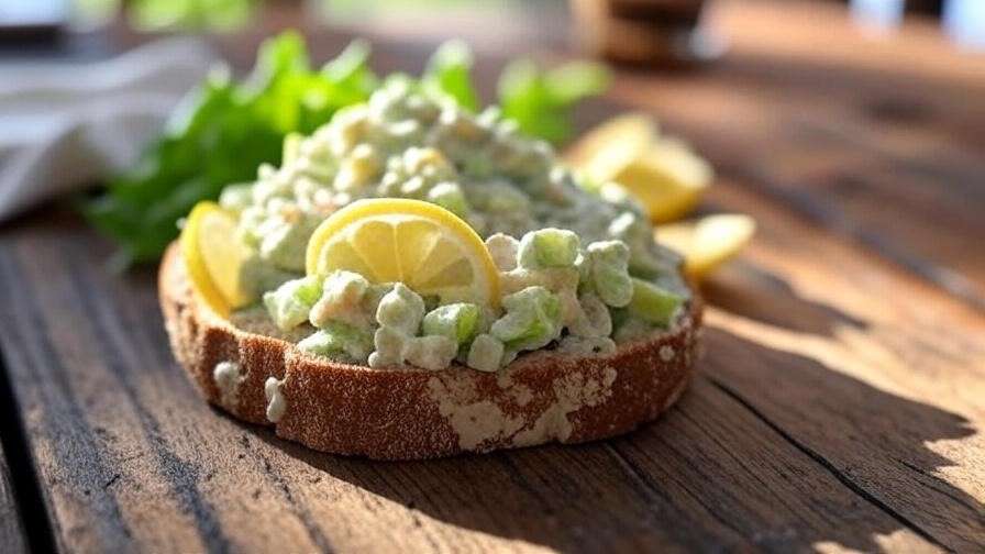 Close-up of healthy plant-based tuna salad with vegan mayo on whole-grain bread