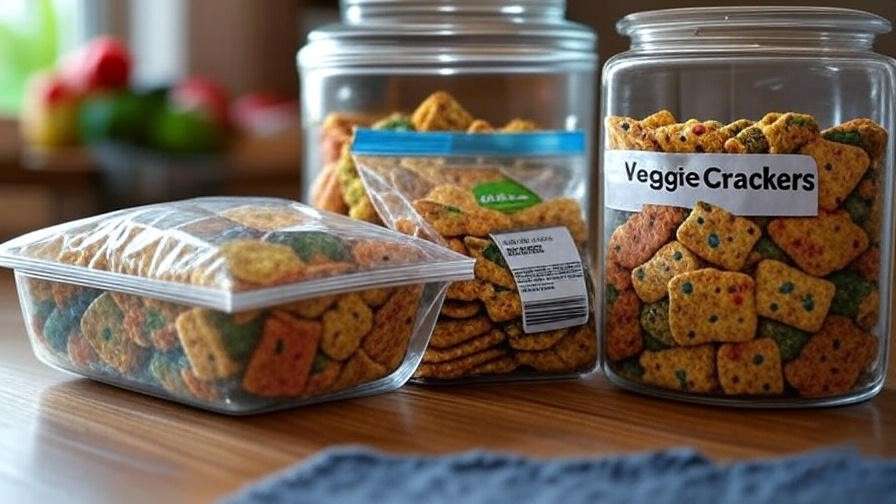Storage jar and freezer bag with veggie crackers for meal prep.