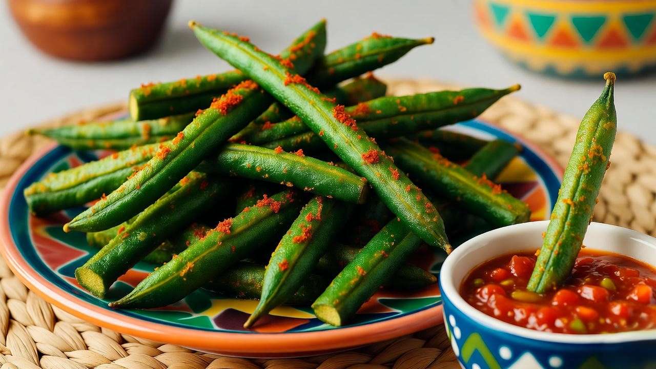 Crispy air-fried spicy green bean fries on a colorful plate, lightly coated with chili powder, next to a bowl of chunky plant-based salsa in a vibrant kitchen setting.