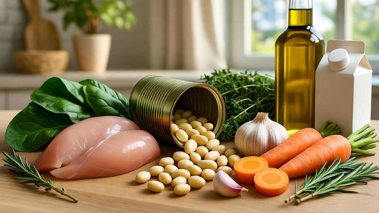 Fresh ingredients for white bean chicken soup including chicken, white beans, vegetables, and herbs on a kitchen counter for plant-boosted meals.