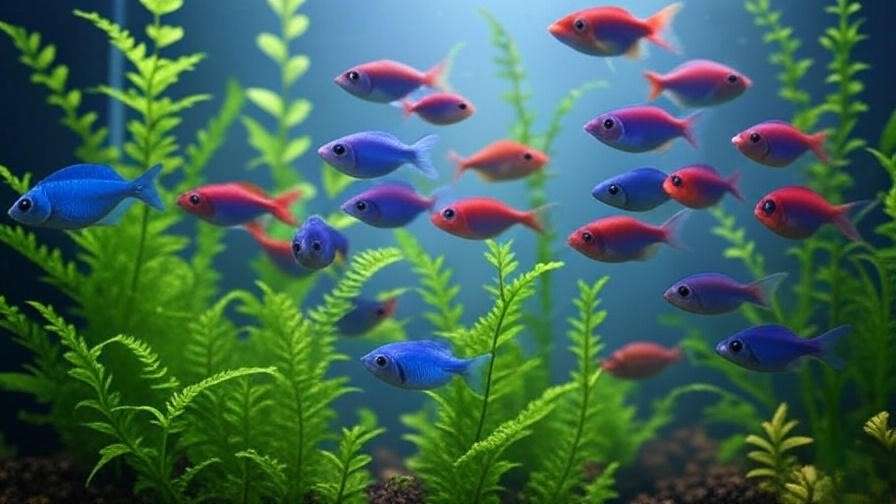 Neon Tetras swimming among Java fern and Anubias in a planted aquarium.