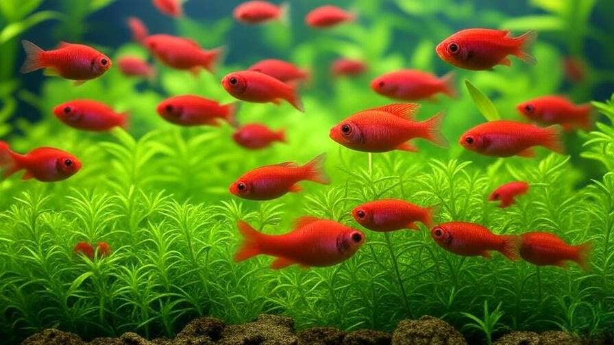 Serpae Tetras swimming with Hygrophila plants in an active aquarium