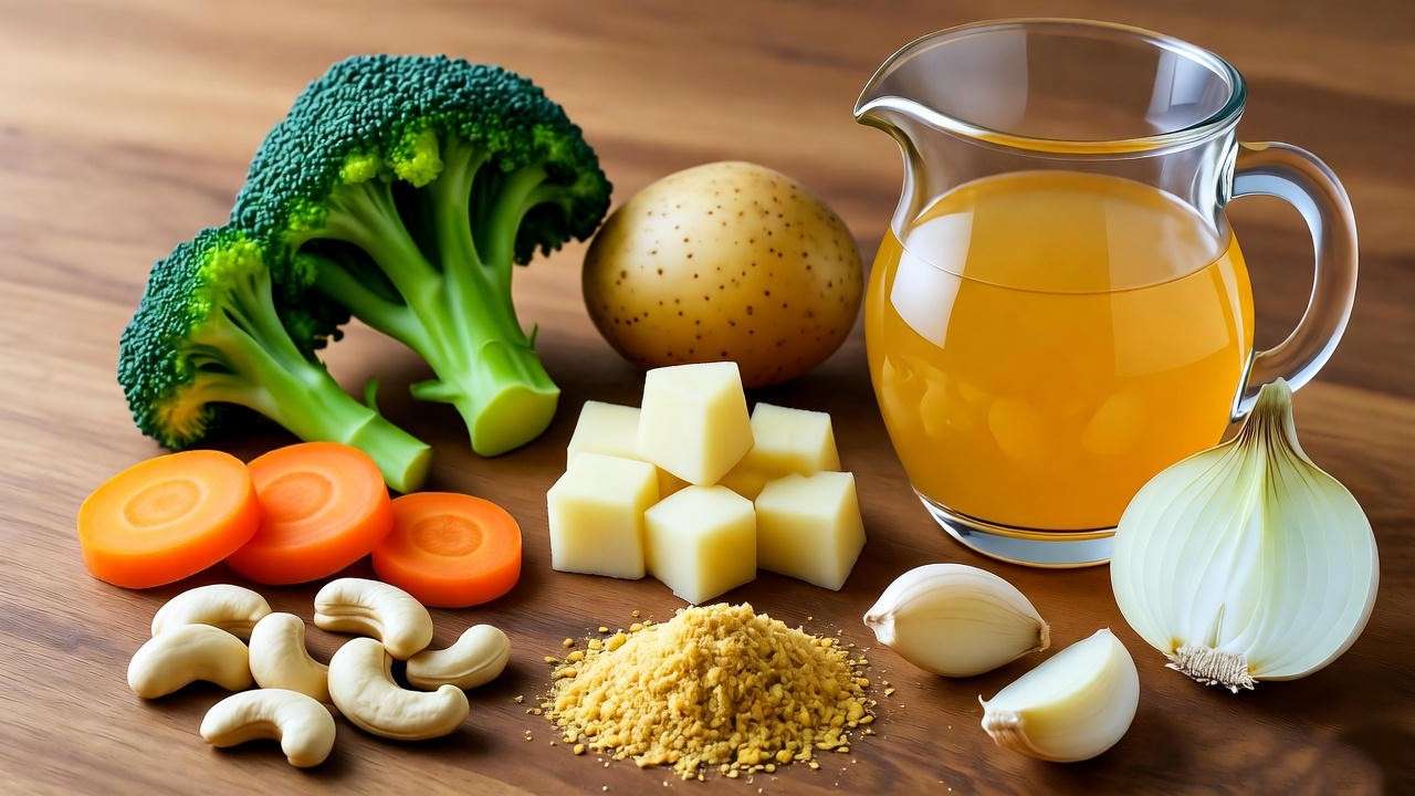 Fresh ingredients for creamy vegan broccoli cheddar soup recipe including broccoli, cashews, and nutritional yeast.