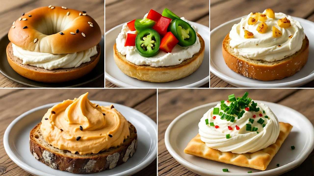 Collage of five garden veggie cream cheese recipes on bagels, muffins, crostini, toast, and pita chips on a rustic table