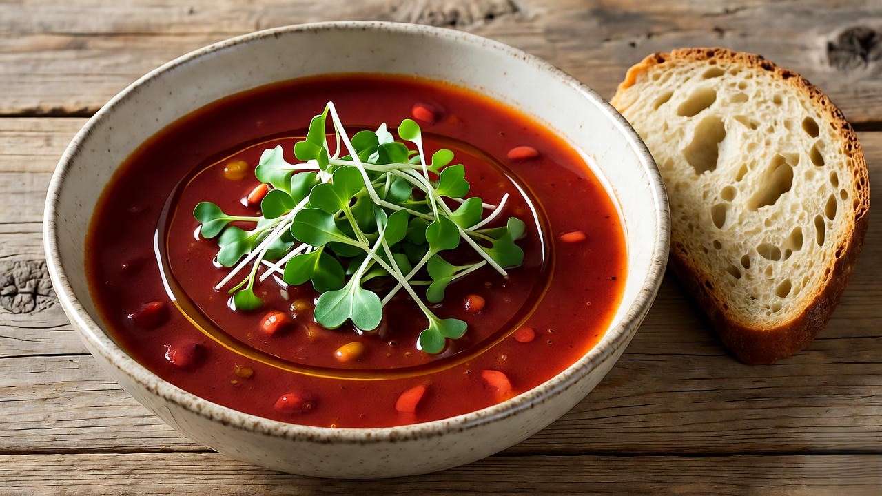 Plated borscht with microgreens and olive oil, served with crusty bread